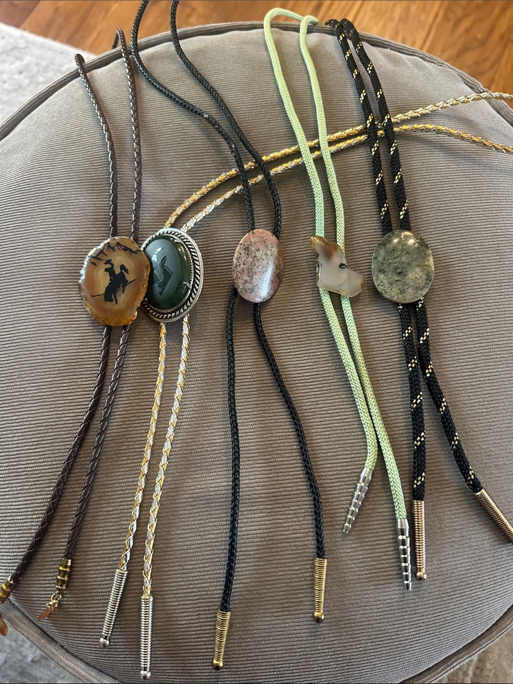 Handmade Multistone Western Bolo Tie Set in Brown, Green, Pink, Cream, and Gray